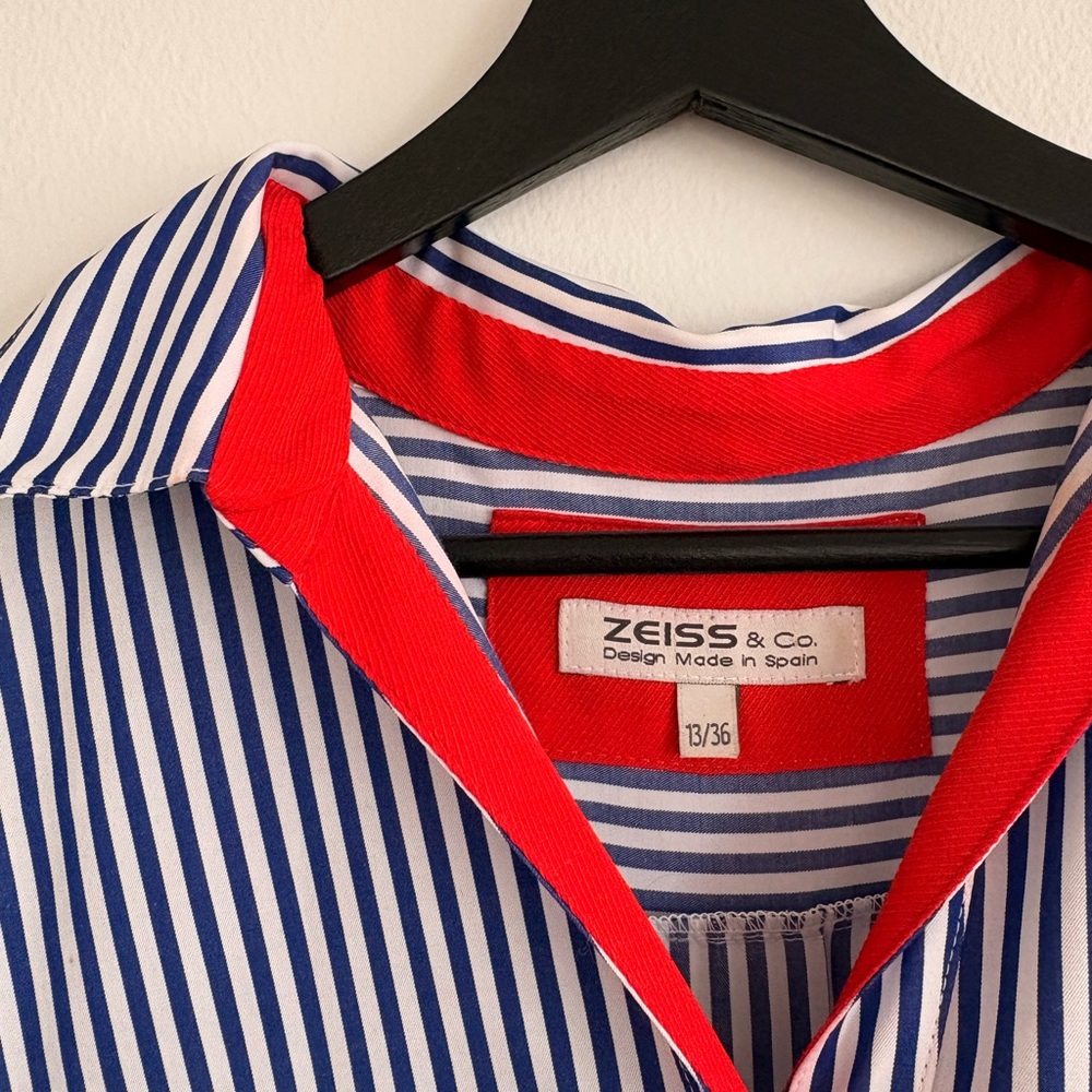 Blue White Striped Blouse - Maternity - Red Collar 3/4 sleeve